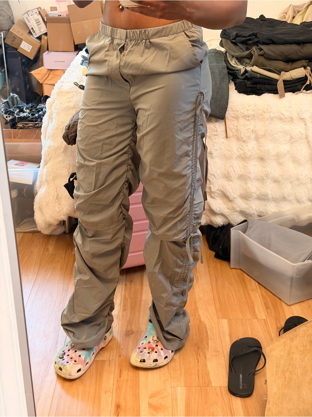 Gray Ruched Drawstring  Pants - Picture 3 of 6